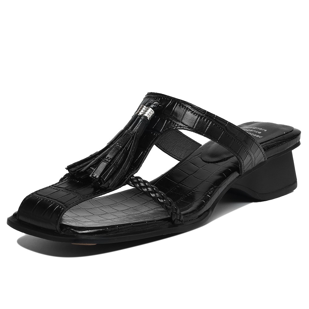 4 CM Block Heel Half Open Toe Tassel Retro Square Toe Braided Thin Strap Commuter Summer Crocodile Embossed Genuine Leather Slides Sandals 60413