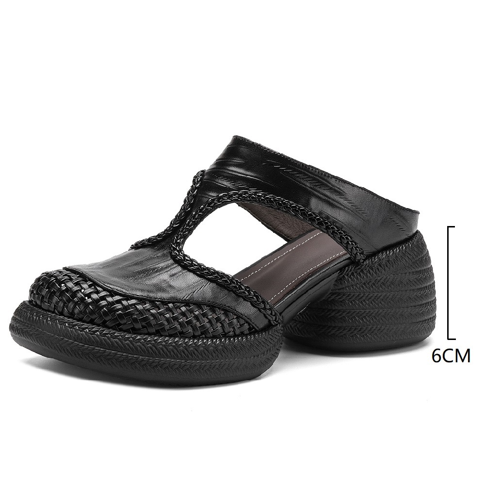 Women's Casual Minimalist Soft Sole Slides 6 CM Thick Sole Closed Toe Woven Genuine Leather Hollow Out Summer Casual Slippers 60414