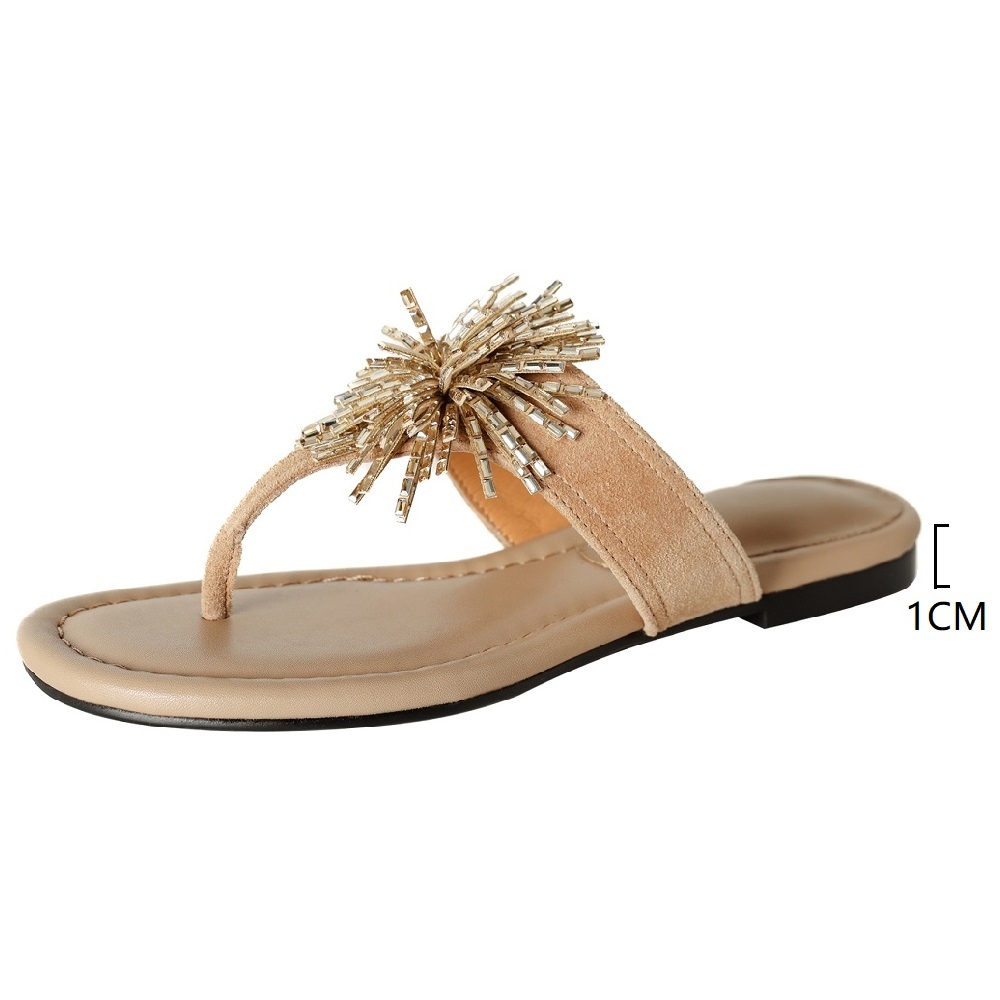 Women's Summer Sheep Suede Flip Flops Starburst & Star Crystals Genuine Leather Vacation Style Fashion Flat Beach Slippers 60414