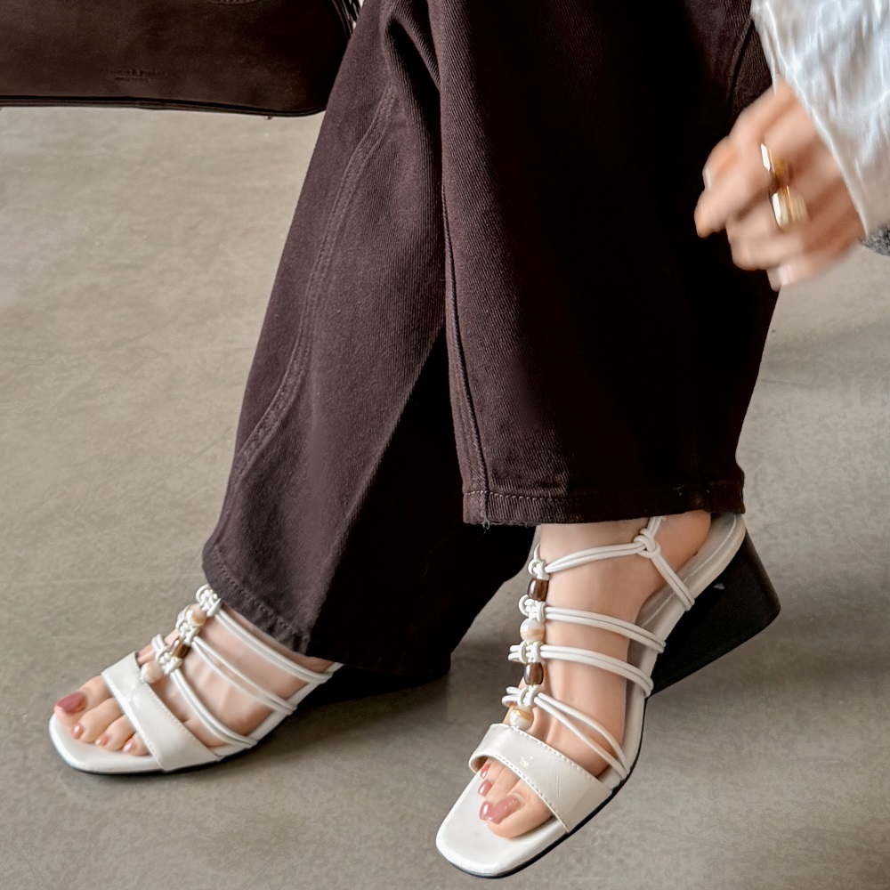 Bohemian Beaded Thin Strap Genuine Leather Fashion Cut Out 5.5 CM Special Shaped Heel One Strap French Square Toe Summer Women's Gladiator Sandals 60414