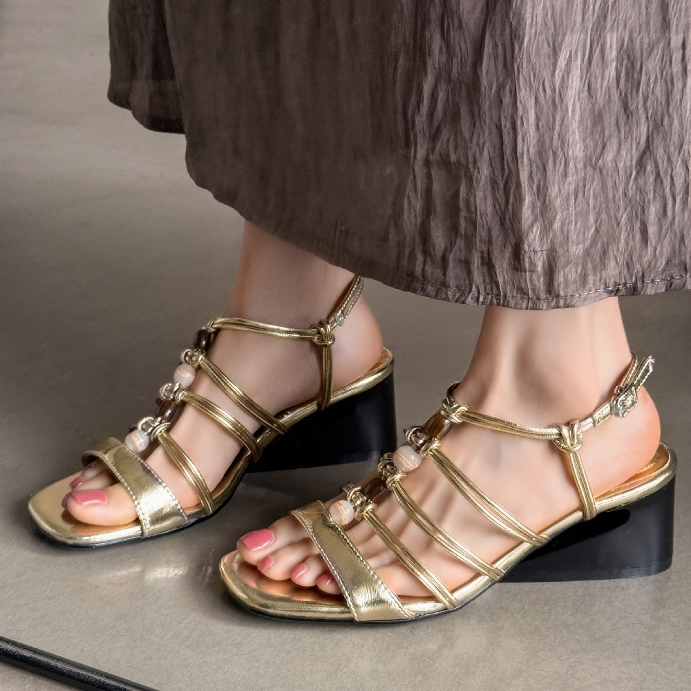 Bohemian Beaded Thin Strap Genuine Leather Fashion Cut Out 5.5 CM Special Shaped Heel One Strap French Square Toe Summer Women's Gladiator Sandals 60414
