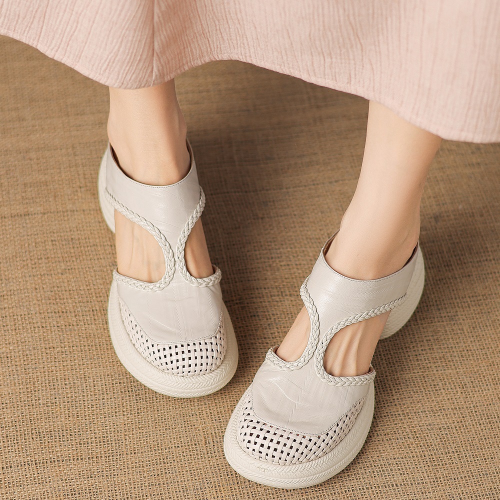 Women's Casual Minimalist Soft Sole Slides 6 CM Thick Sole Closed Toe Woven Genuine Leather Hollow Out Summer Casual Slippers 60414