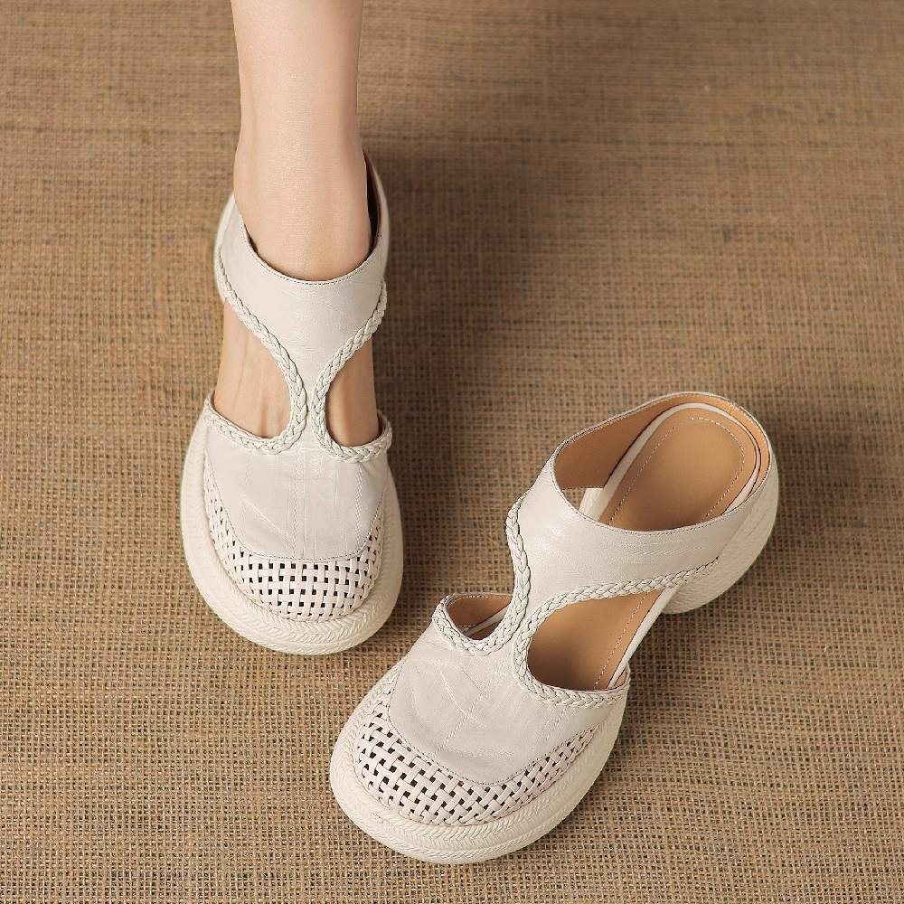 Women's Casual Minimalist Soft Sole Slides 6 CM Thick Sole Closed Toe Woven Genuine Leather Hollow Out Summer Casual Slippers 60414