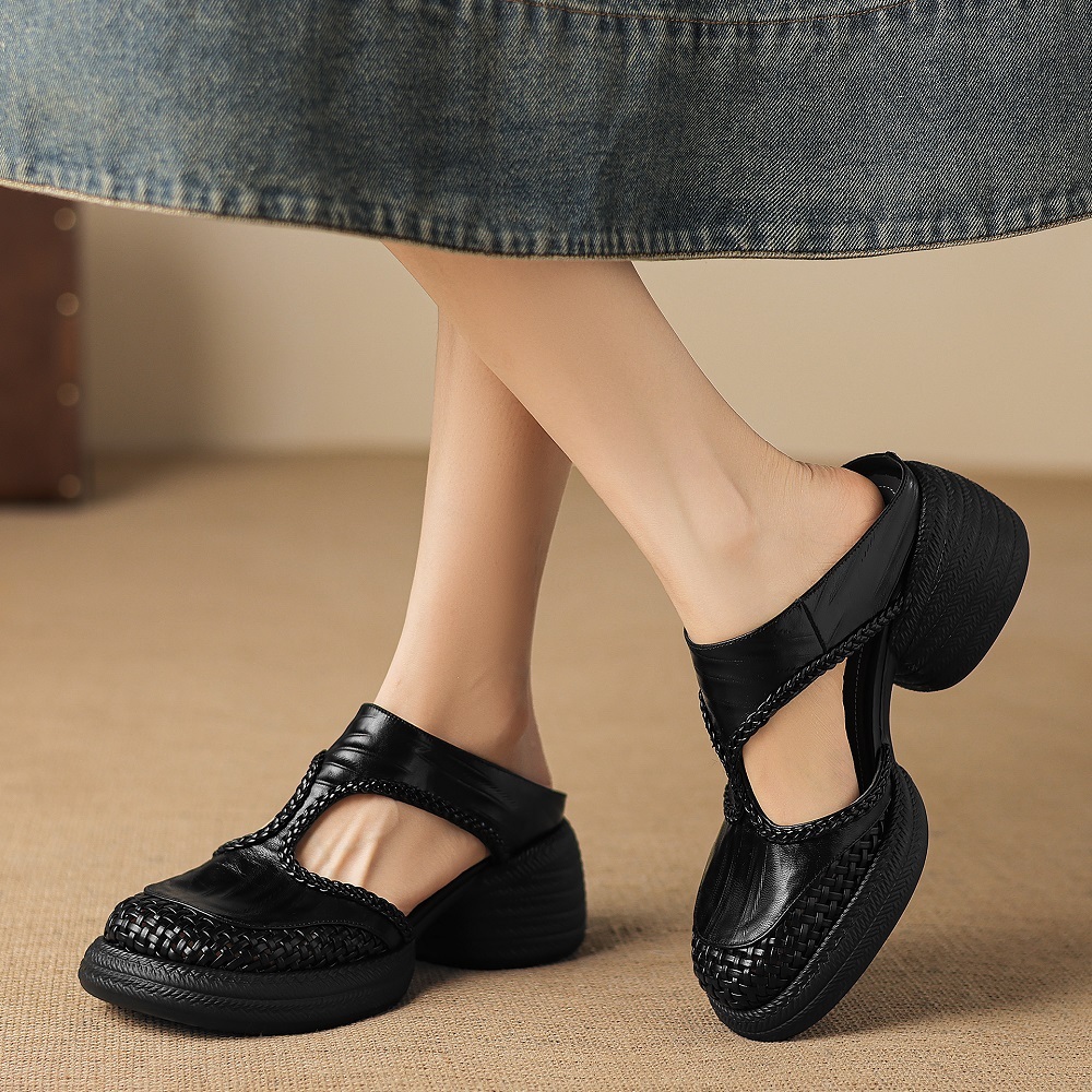 Women's Casual Minimalist Soft Sole Slides 6 CM Thick Sole Closed Toe Woven Genuine Leather Hollow Out Summer Casual Slippers 60414