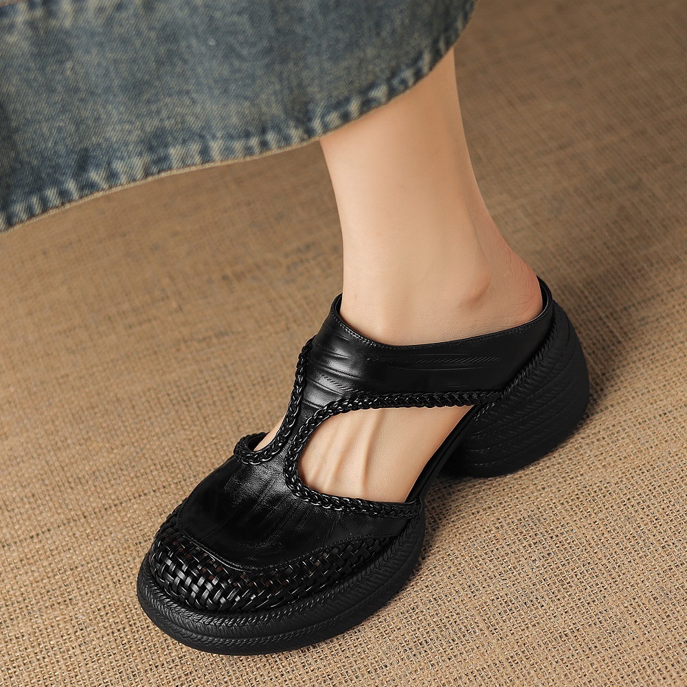 Women's Casual Minimalist Soft Sole Slides 6 CM Thick Sole Closed Toe Woven Genuine Leather Hollow Out Summer Casual Slippers 60414