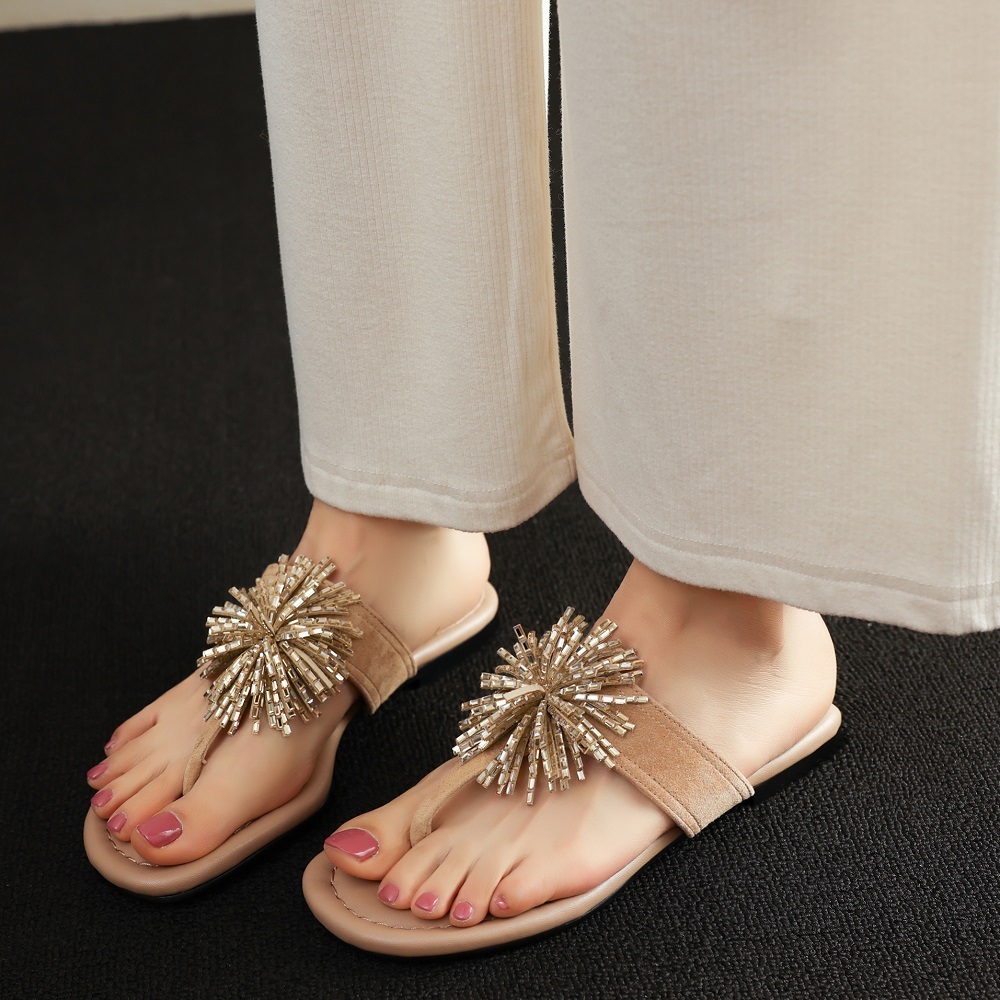 Women's Summer Sheep Suede Flip Flops Starburst & Star Crystals Genuine Leather Vacation Style Fashion Flat Beach Slippers 60414