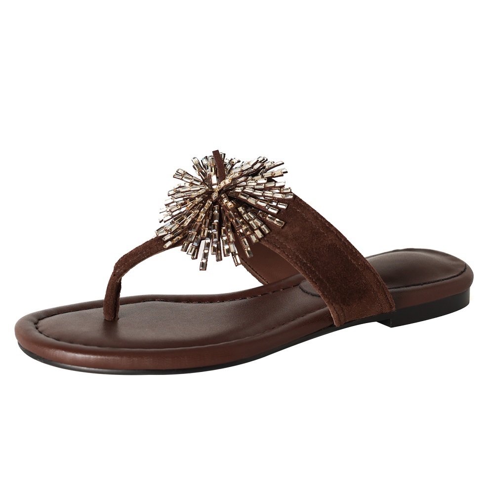 Women's Summer Sheep Suede Flip Flops Starburst & Star Crystals Genuine Leather Vacation Style Fashion Flat Beach Slippers 60414