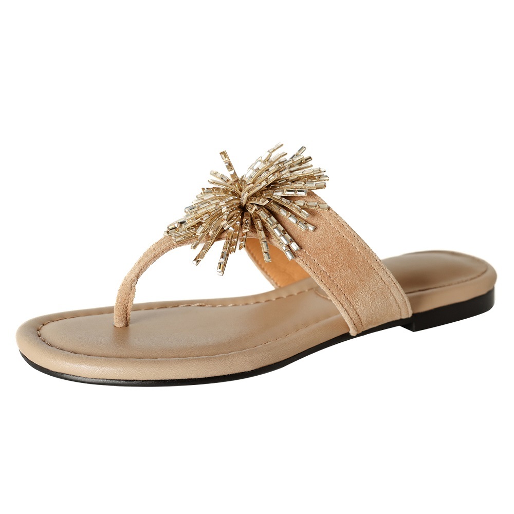 Women's Summer Sheep Suede Flip Flops Starburst & Star Crystals Genuine Leather Vacation Style Fashion Flat Beach Slippers 60414