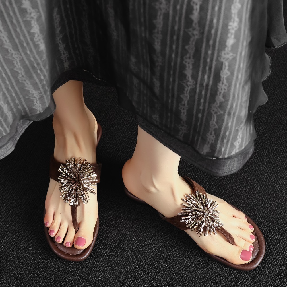 Women's Summer Sheep Suede Flip Flops Starburst & Star Crystals Genuine Leather Vacation Style Fashion Flat Beach Slippers 60414