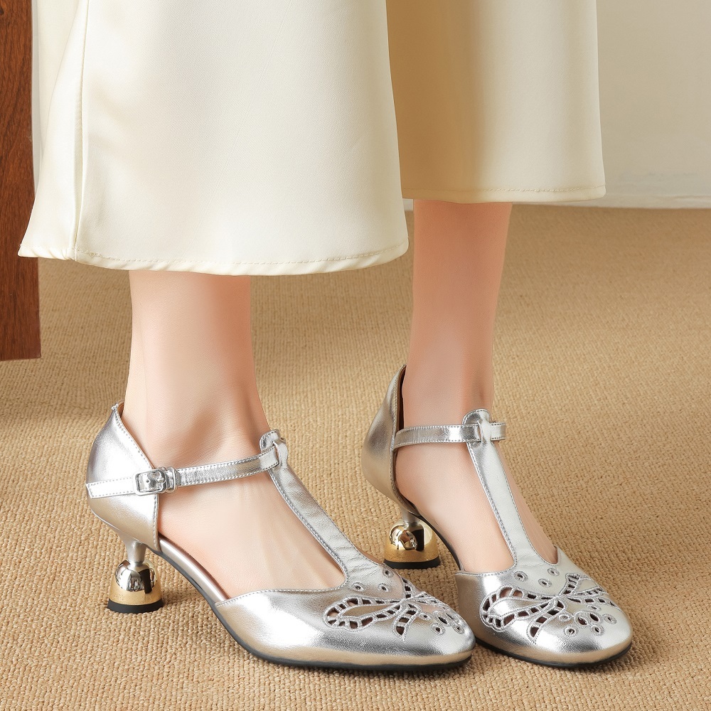 Women's Retro French Genuine Leather Cut-Out Embroidered T-Strap Metal Buckle 6 CM Sculpted Heel Summer Mary Janes Sandals 60414