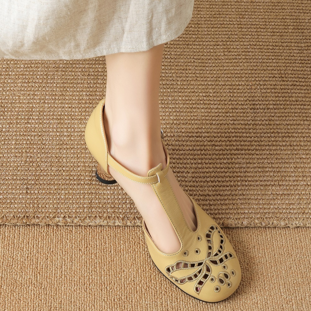 Women's Retro French Genuine Leather Cut-Out Embroidered T-Strap Metal Buckle 6 CM Sculpted Heel Summer Mary Janes Sandals 60414