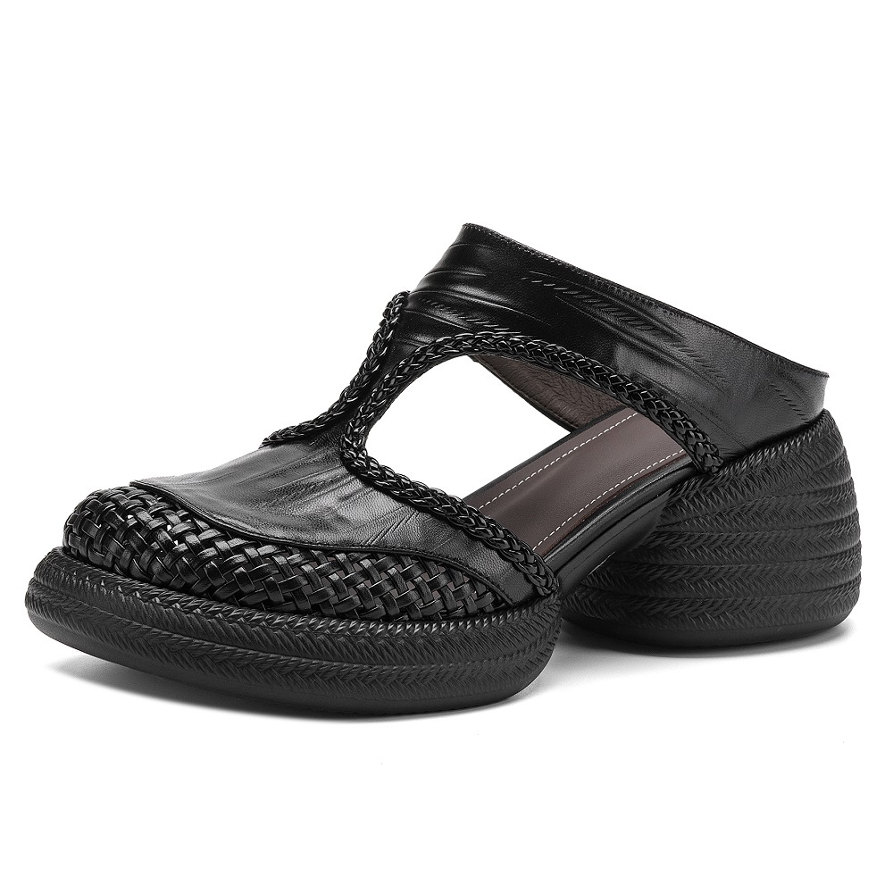 Women's Casual Minimalist Soft Sole Slides 6 CM Thick Sole Closed Toe Woven Genuine Leather Hollow Out Summer Casual Slippers 60414
