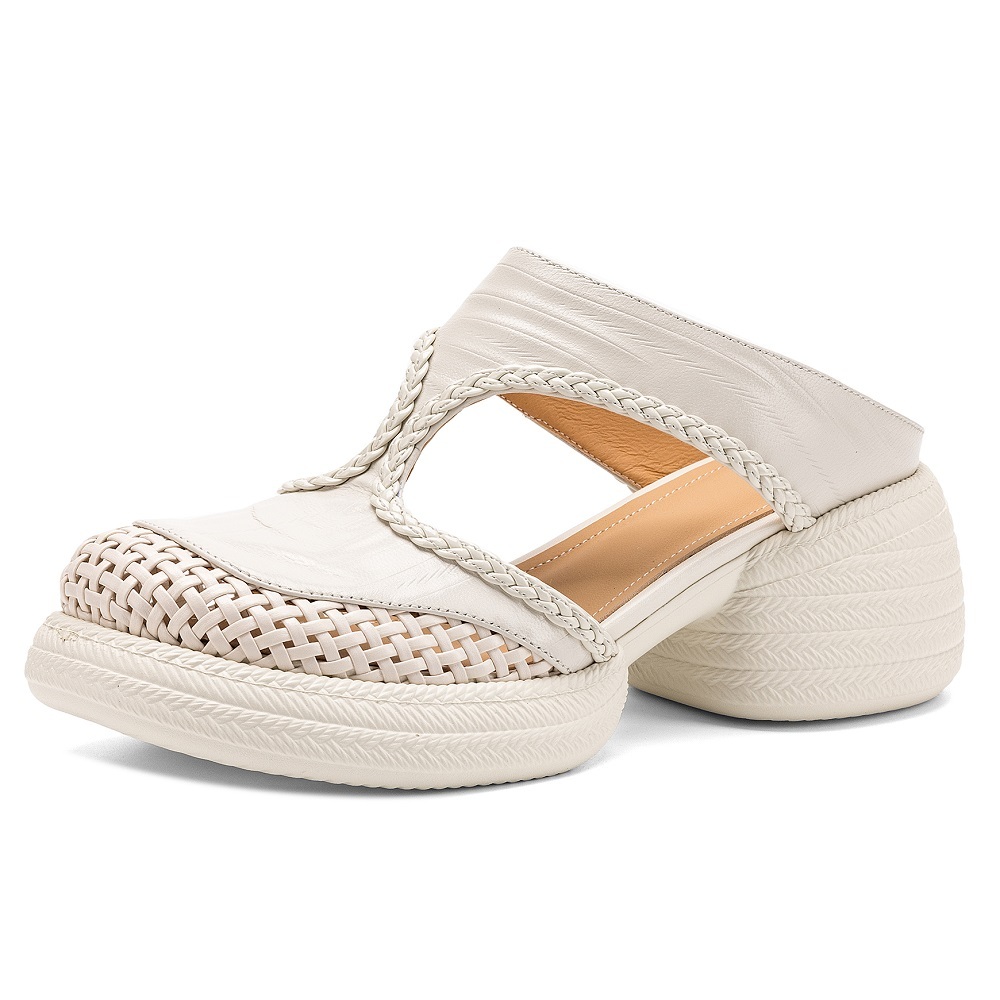 Women's Casual Minimalist Soft Sole Slides 6 CM Thick Sole Closed Toe Woven Genuine Leather Hollow Out Summer Casual Slippers 60414