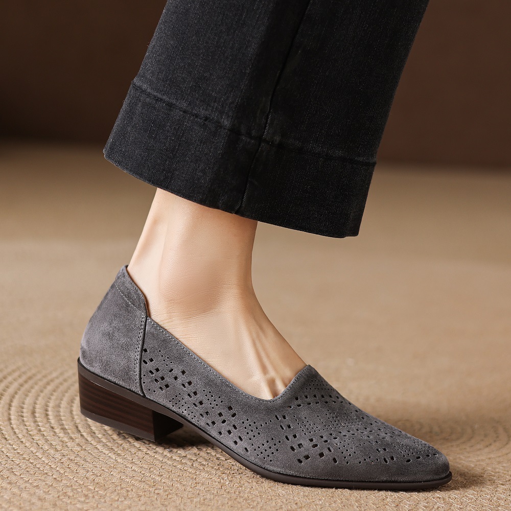 Comfort Soft Sole Retro Shallow Mouth Slip On Genuine Leather Pumps 3.5 CM Block Heel Cut Out Breathable Spring Summer Commute Shoes 60405