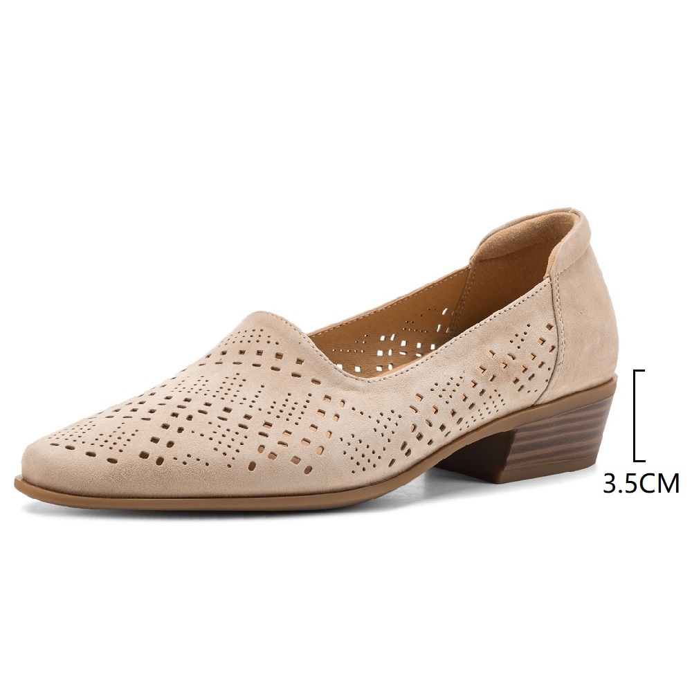 Comfort Soft Sole Retro Shallow Mouth Slip On Genuine Leather Pumps 3.5 CM Block Heel Cut Out Breathable Spring Summer Commute Shoes 60405
