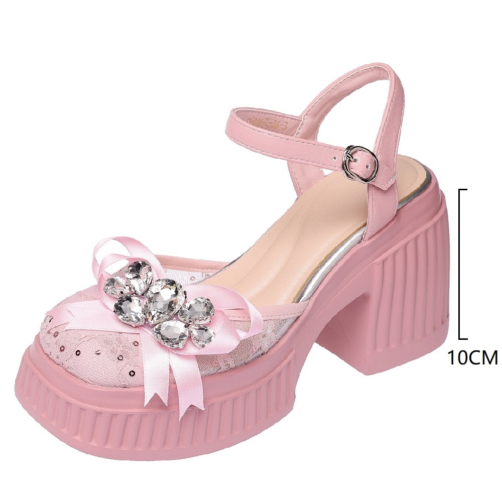 Women's Sweet Cute Crystals Lace Genuine Leather Patchwork Closed Toe Bow Sequined Mary Jane Sandals 10 CM Square Heel One-Strap Summer Shoes 60415