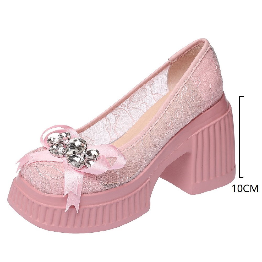 10 CM Square Heel Platform Genuine Leather Lace Breathable Spring Summer Crystals Bow Sweet Slip-On Women's Versatile High Heels 60415