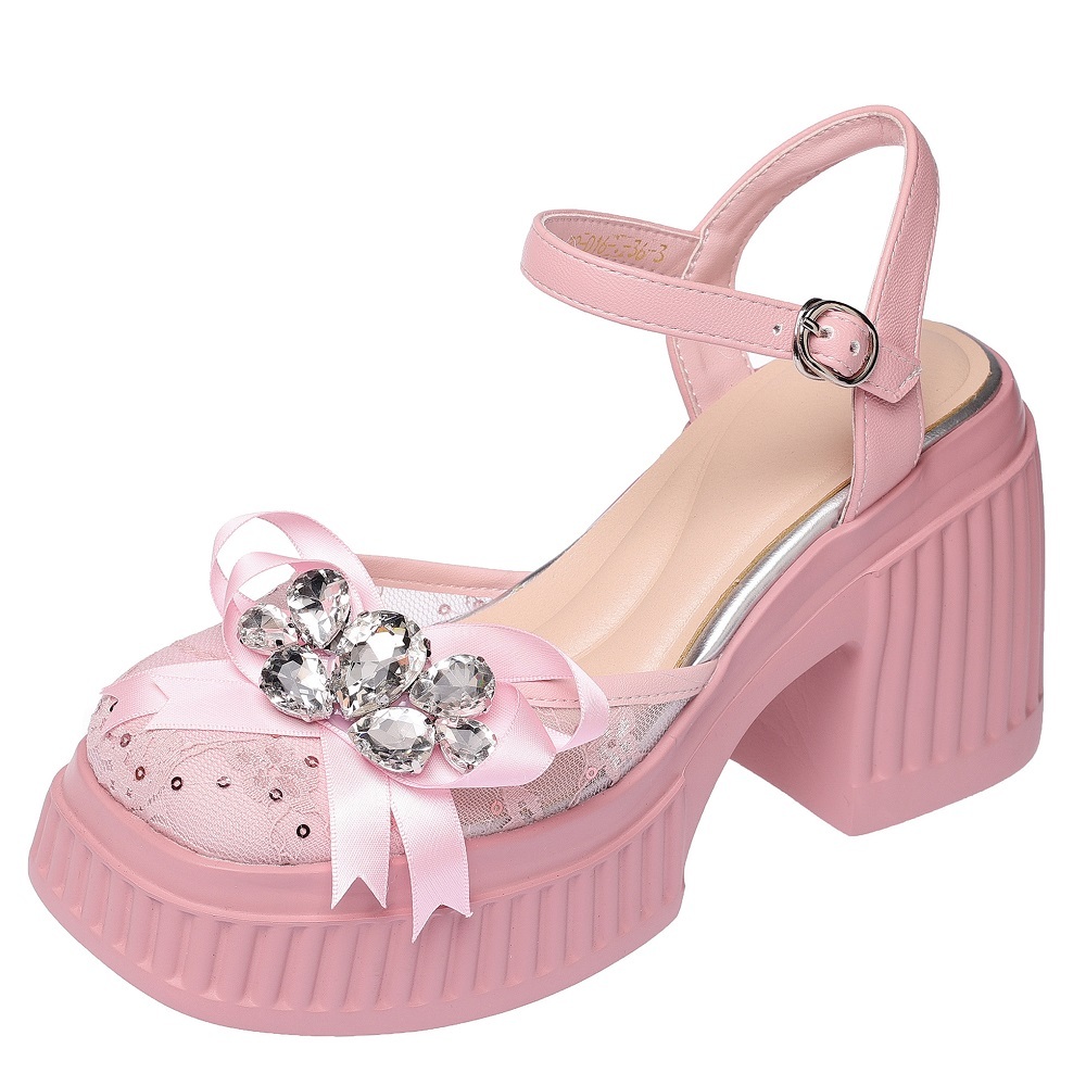 Women's Sweet Cute Crystals Lace Genuine Leather Patchwork Closed Toe Bow Sequined Mary Jane Sandals 10 CM Square Heel One-Strap Summer Shoes 60415