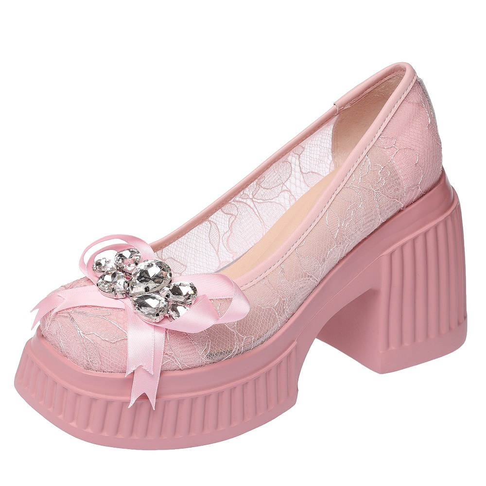 10 CM Square Heel Platform Genuine Leather Lace Breathable Spring Summer Crystals Bow Sweet Slip-On Women's Versatile High Heels 60415