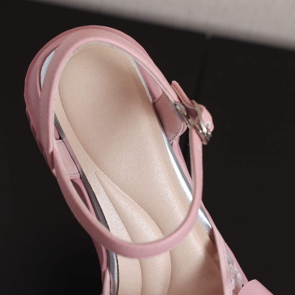 Women's Sweet Cute Crystals Lace Genuine Leather Patchwork Closed Toe Bow Sequined Mary Jane Sandals 10 CM Square Heel One-Strap Summer Shoes 60415