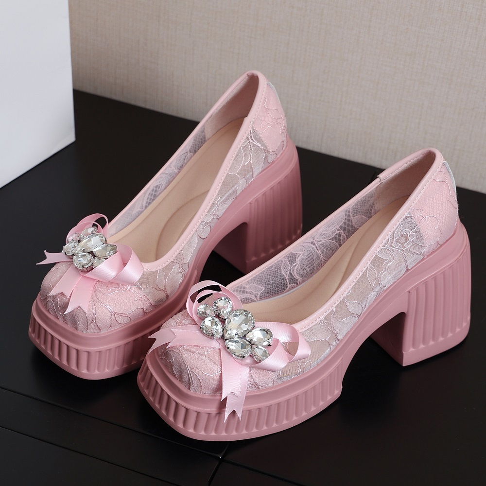 10 CM Square Heel Platform Genuine Leather Lace Breathable Spring Summer Crystals Bow Sweet Slip-On Women's Versatile High Heels 60415