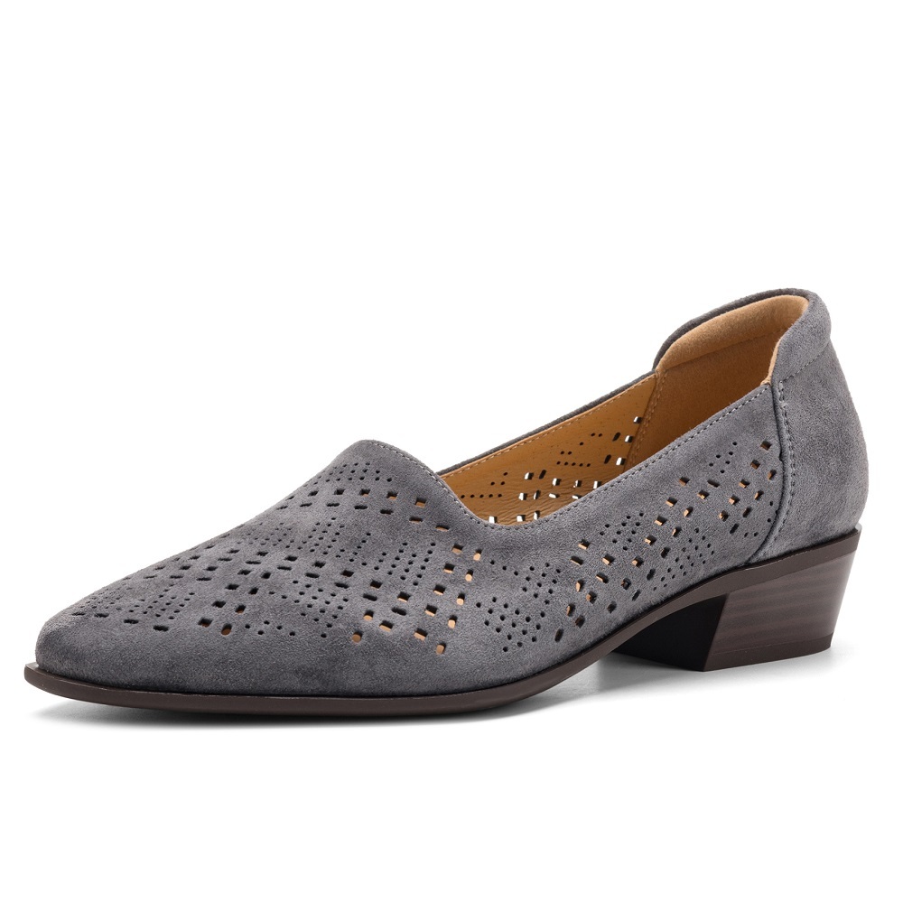Comfort Soft Sole Retro Shallow Mouth Slip On Genuine Leather Pumps 3.5 CM Block Heel Cut Out Breathable Spring Summer Commute Shoes 60405