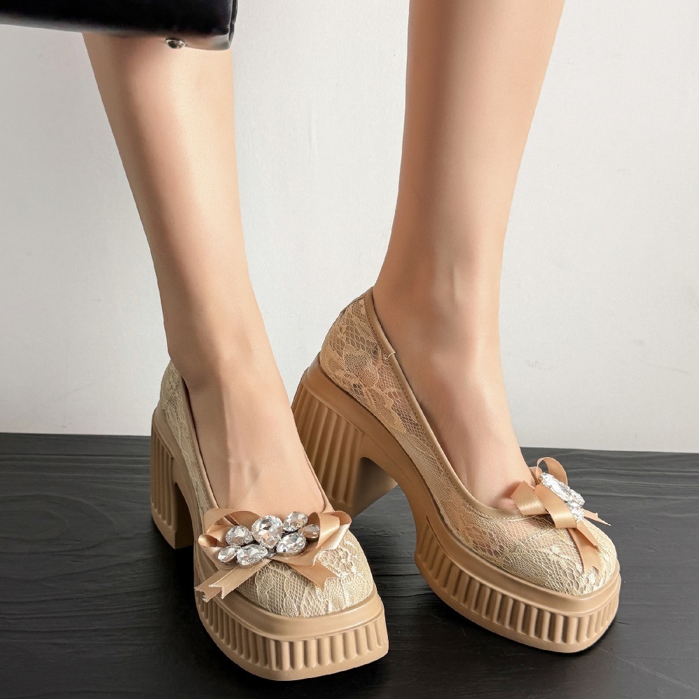 10 CM Square Heel Platform Genuine Leather Lace Breathable Spring Summer Crystals Bow Sweet Slip-On Women's Versatile High Heels 60415