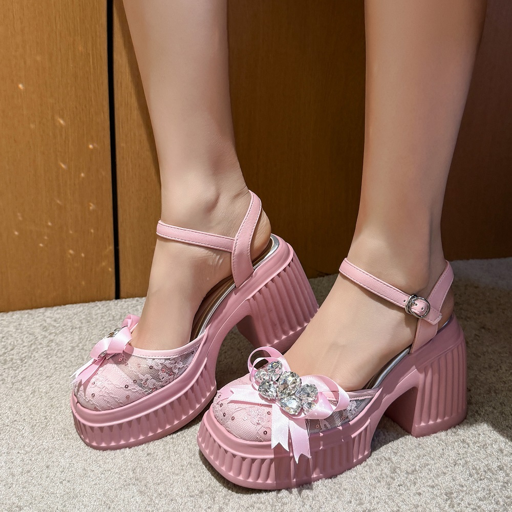 Women's Sweet Cute Crystals Lace Genuine Leather Patchwork Closed Toe Bow Sequined Mary Jane Sandals 10 CM Square Heel One-Strap Summer Shoes 60415