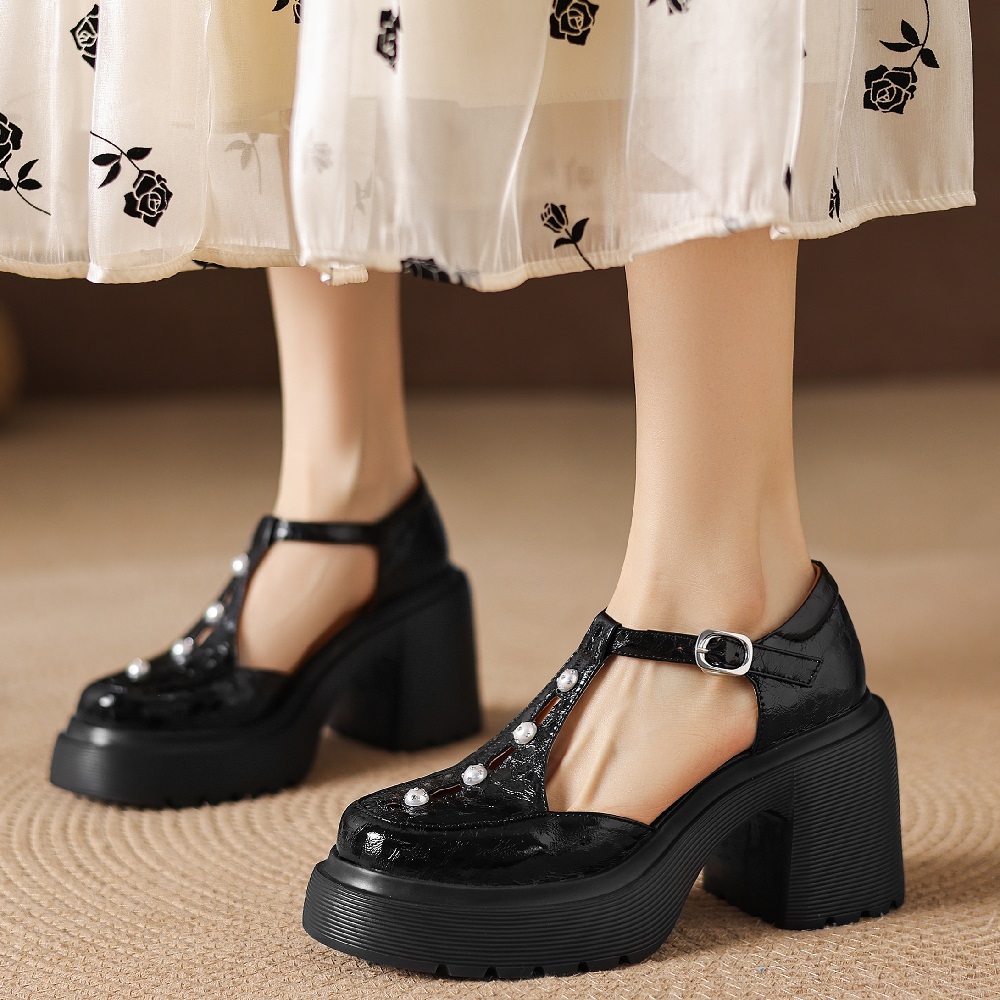 Women's Genuine Leather Mary Jane High Heels 10 CM Square Heel T-Strap Pearls Platform Cut Out Gentle Versatile Sandals Spring Summer 60416