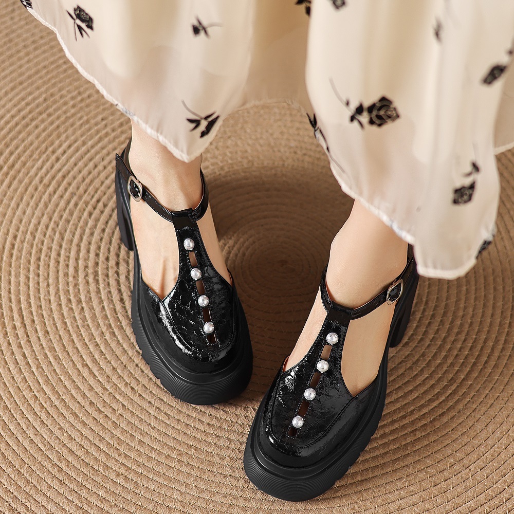 Women's Genuine Leather Mary Jane High Heels 10 CM Square Heel T-Strap Pearls Platform Cut Out Gentle Versatile Sandals Spring Summer 60416