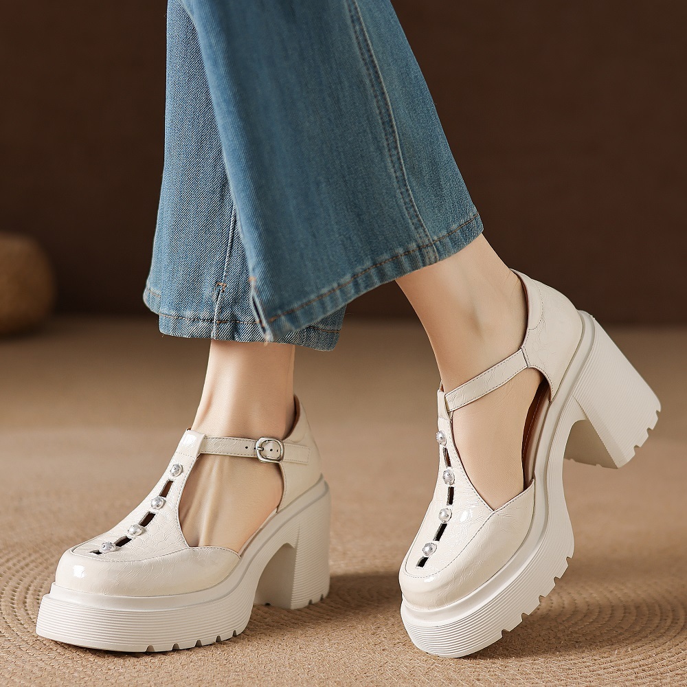 Women's Genuine Leather Mary Jane High Heels 10 CM Square Heel T-Strap Pearls Platform Cut Out Gentle Versatile Sandals Spring Summer 60416