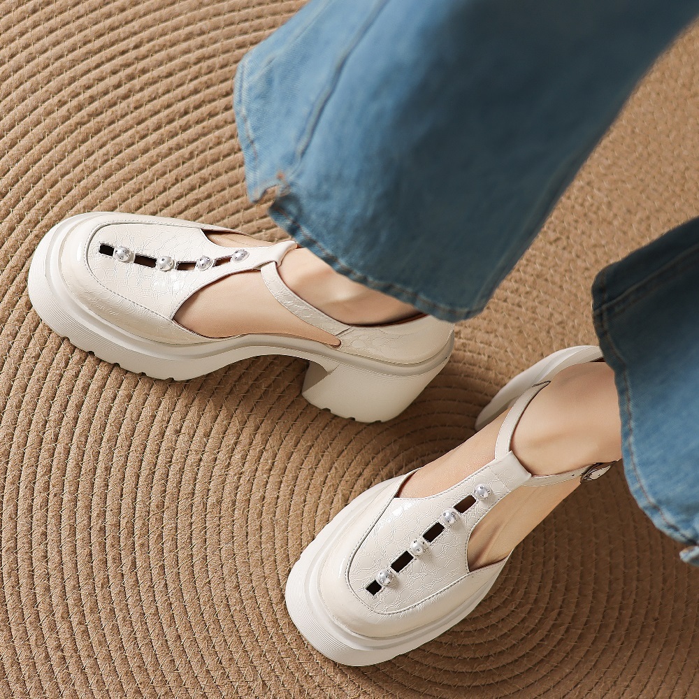 Women's Genuine Leather Mary Jane High Heels 10 CM Square Heel T-Strap Pearls Platform Cut Out Gentle Versatile Sandals Spring Summer 60416