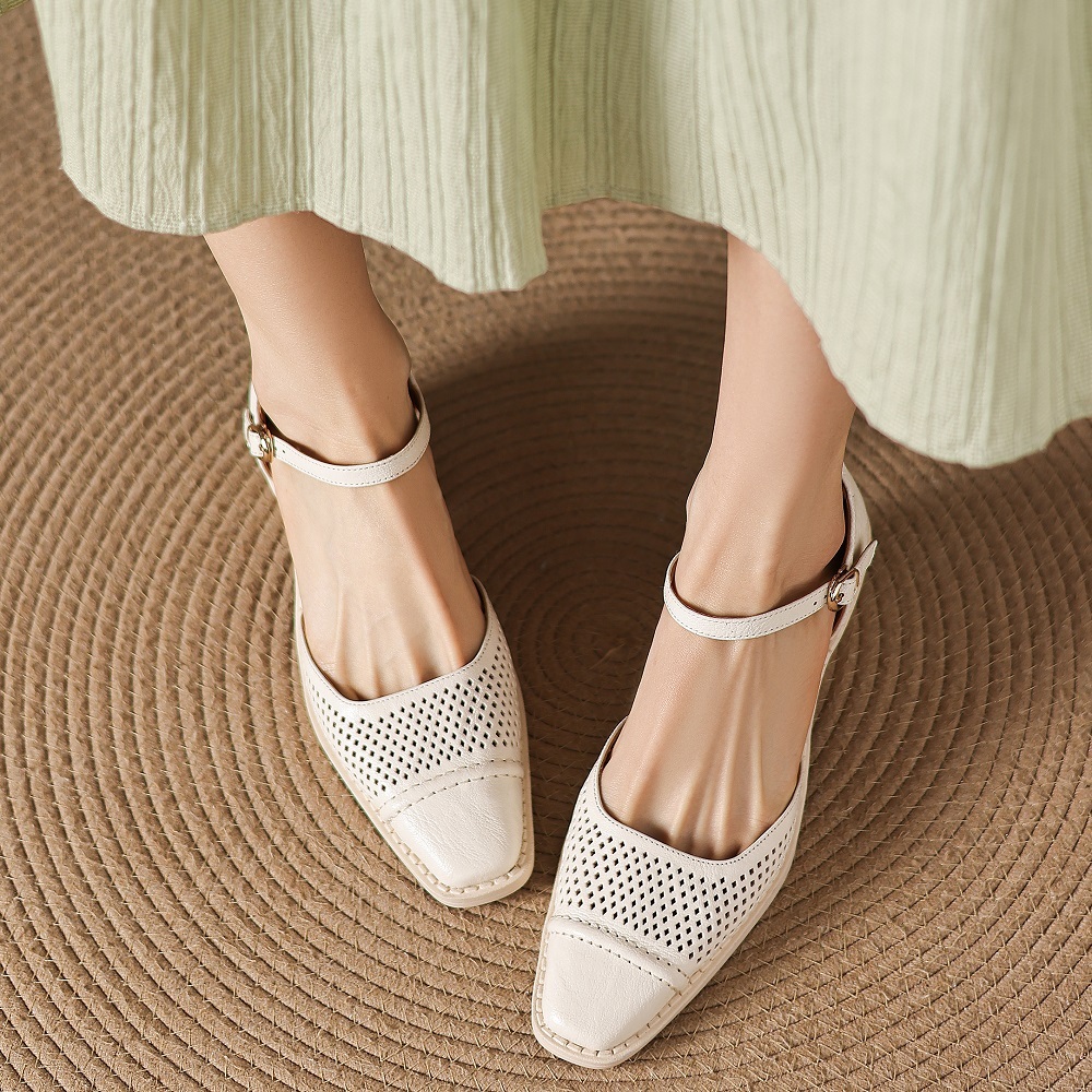 Genuine Leather Hollow-out One-Strap French Square Toe Stitched Women's Spring Summer 5.5 CM Block Heel Commute Versatile Sandals 60416