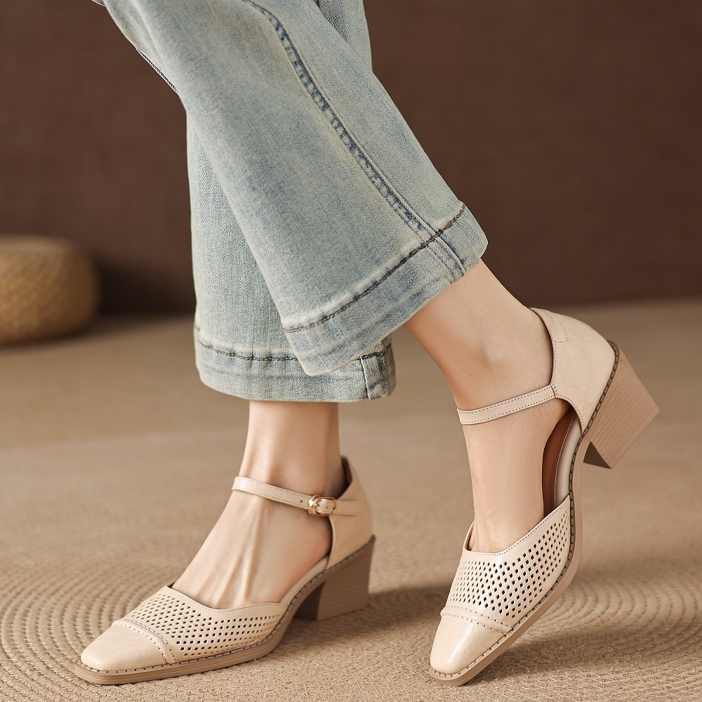 Genuine Leather Hollow-out One-Strap French Square Toe Stitched Women's Spring Summer 5.5 CM Block Heel Commute Versatile Sandals 60416