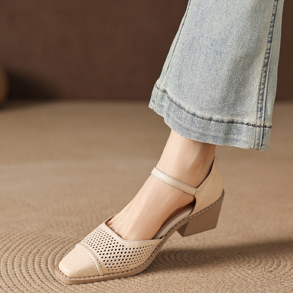 Genuine Leather Hollow-out One-Strap French Square Toe Stitched Women's Spring Summer 5.5 CM Block Heel Commute Versatile Sandals 60416