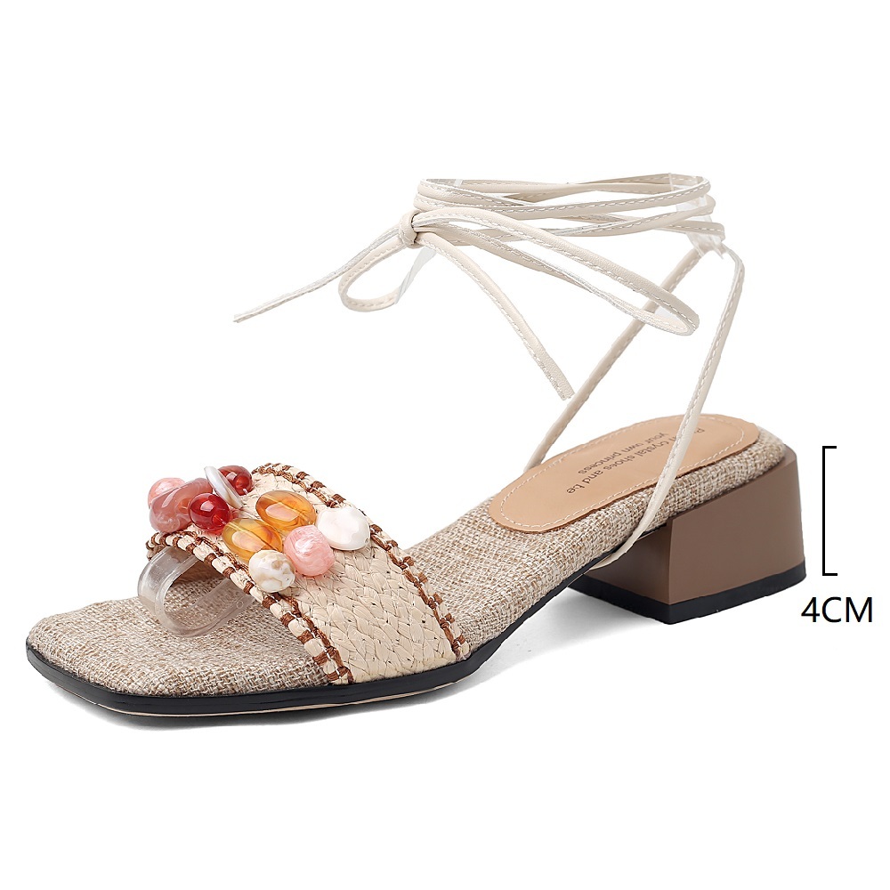 Beach Vacation Style Colorful Beaded Fashion Summer Sandals Straw Woven French Square Toe 4 CM Block Heel Lace-Up Women's Bohemian Sandals 60416