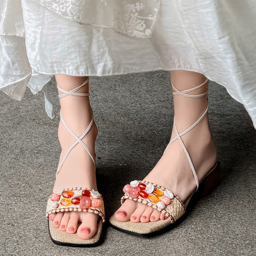 Beach Vacation Style Colorful Beaded Fashion Summer Sandals Straw Woven French Square Toe 4 CM Block Heel Lace-Up Women's Bohemian Sandals 60416