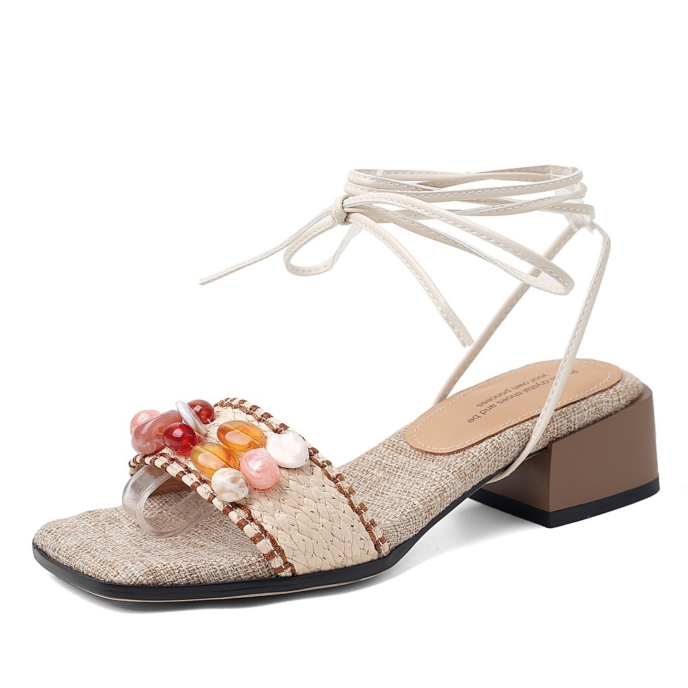Beach Vacation Style Colorful Beaded Fashion Summer Sandals Straw Woven French Square Toe 4 CM Block Heel Lace-Up Women's Bohemian Sandals 60416
