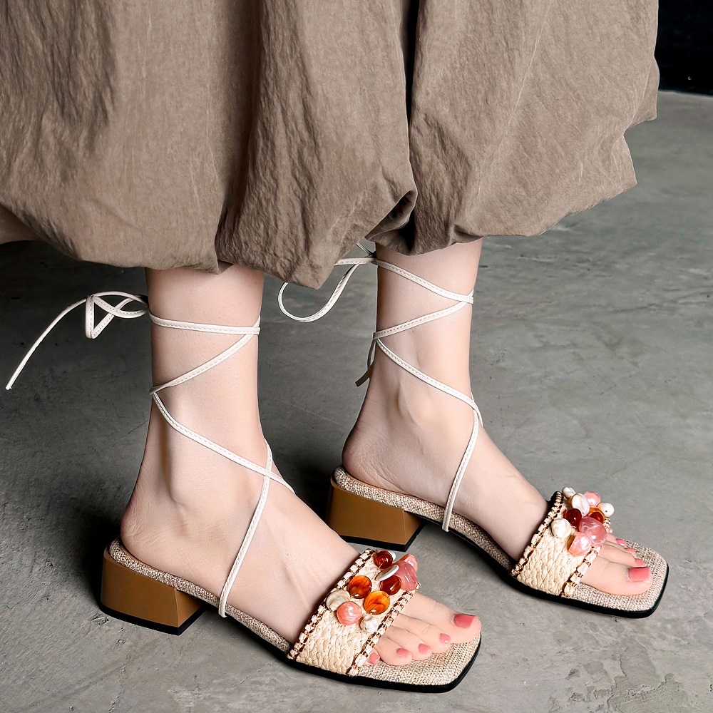 Beach Vacation Style Colorful Beaded Fashion Summer Sandals Straw Woven French Square Toe 4 CM Block Heel Lace-Up Women's Bohemian Sandals 60416