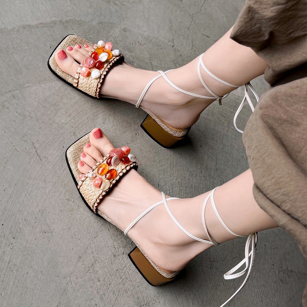 Beach Vacation Style Colorful Beaded Fashion Summer Sandals Straw Woven French Square Toe 4 CM Block Heel Lace-Up Women's Bohemian Sandals 60416