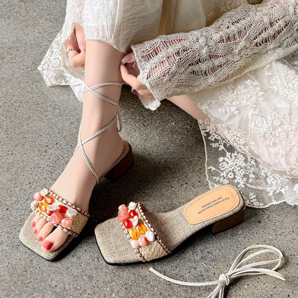 Beach Vacation Style Colorful Beaded Fashion Summer Sandals Straw Woven French Square Toe 4 CM Block Heel Lace-Up Women's Bohemian Sandals 60416