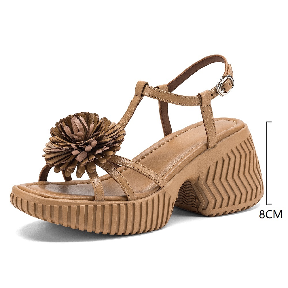 Summer Genuine Leather 3D Flower Gentle Versatile 10 CM Block Heel Slim Fit T-Strap Open Toe Gladiator Women's Casual Sandals 60416