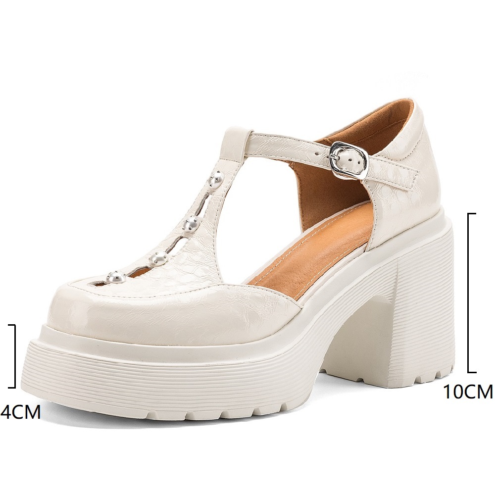 Women's Genuine Leather Mary Jane High Heels 10 CM Square Heel T-Strap Pearls Platform Cut Out Gentle Versatile Sandals Spring Summer 60416