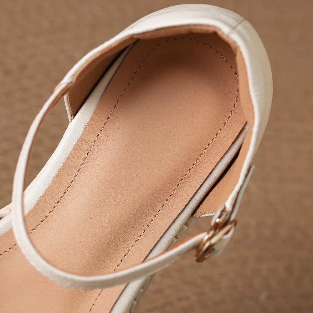Genuine Leather Hollow-out One-Strap French Square Toe Stitched Women's Spring Summer 5.5 CM Block Heel Commute Versatile Sandals 60416