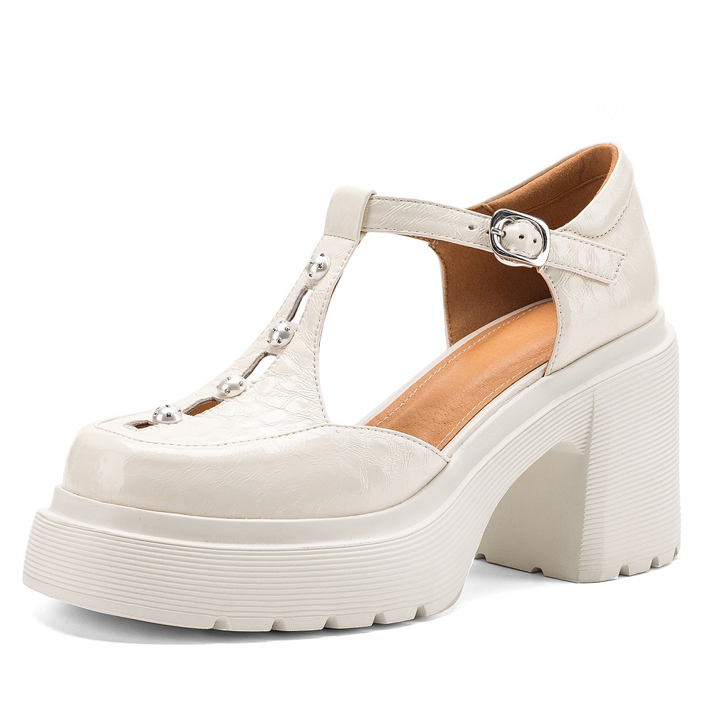 Women's Genuine Leather Mary Jane High Heels 10 CM Square Heel T-Strap Pearls Platform Cut Out Gentle Versatile Sandals Spring Summer 60416