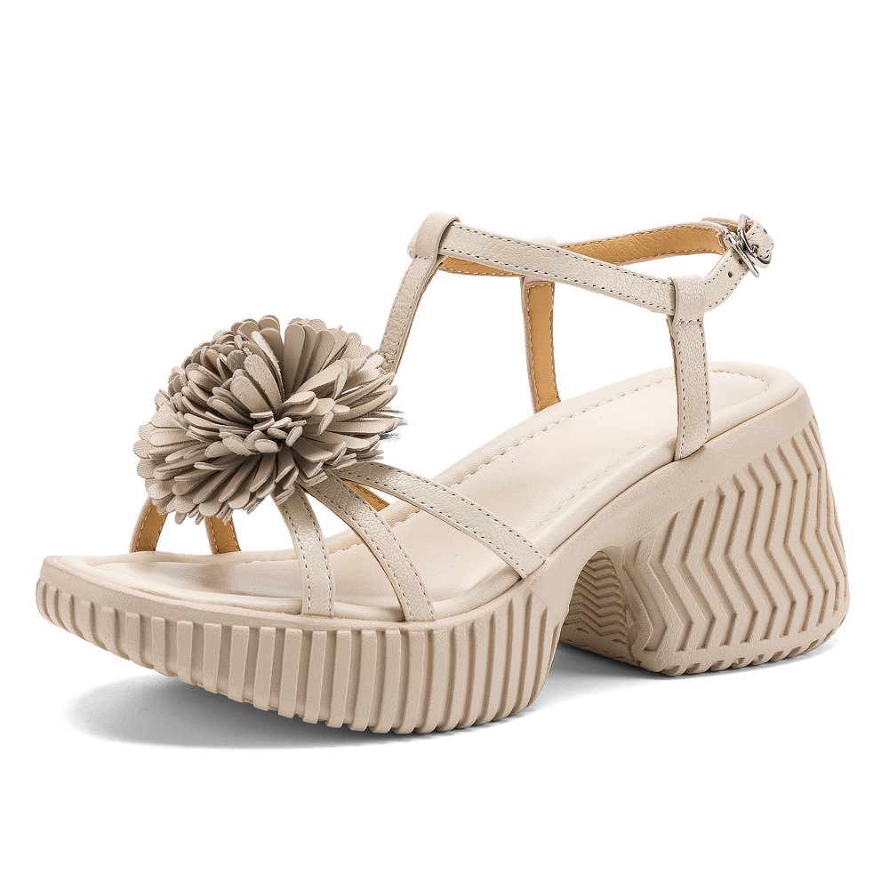 Summer Genuine Leather 3D Flower Gentle Versatile 10 CM Block Heel Slim Fit T-Strap Open Toe Gladiator Women's Casual Sandals 60416
