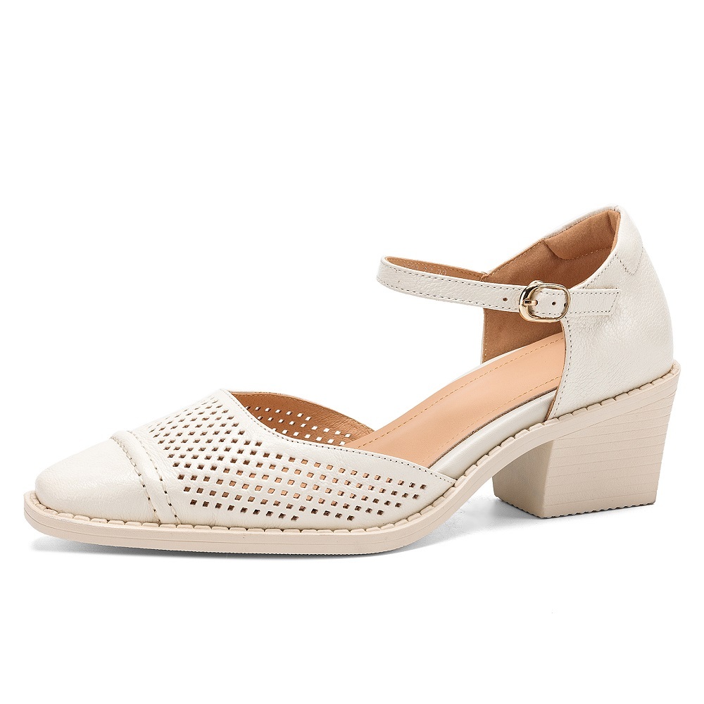 Genuine Leather Hollow-out One-Strap French Square Toe Stitched Women's Spring Summer 5.5 CM Block Heel Commute Versatile Sandals 60416