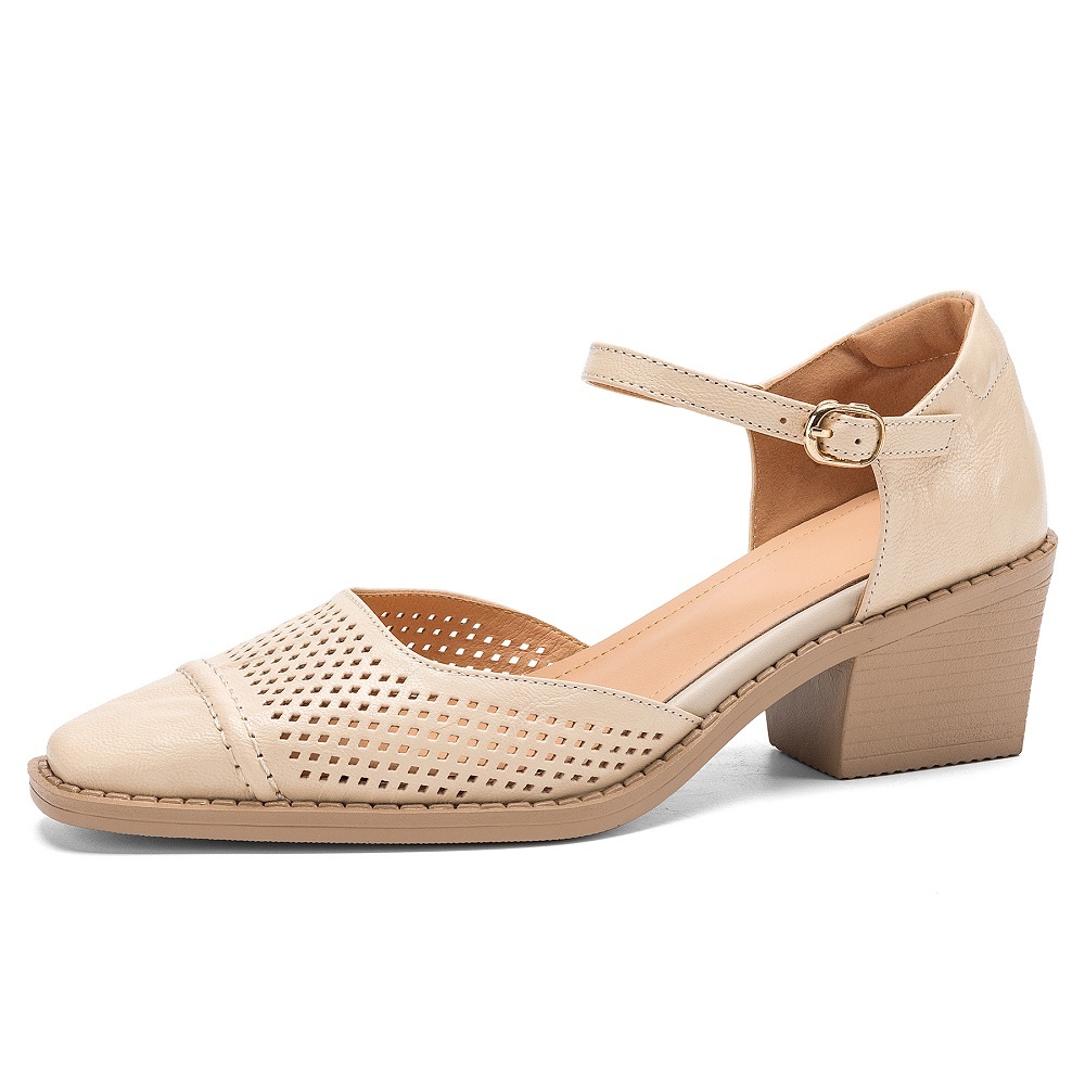 Genuine Leather Hollow-out One-Strap French Square Toe Stitched Women's Spring Summer 5.5 CM Block Heel Commute Versatile Sandals 60416