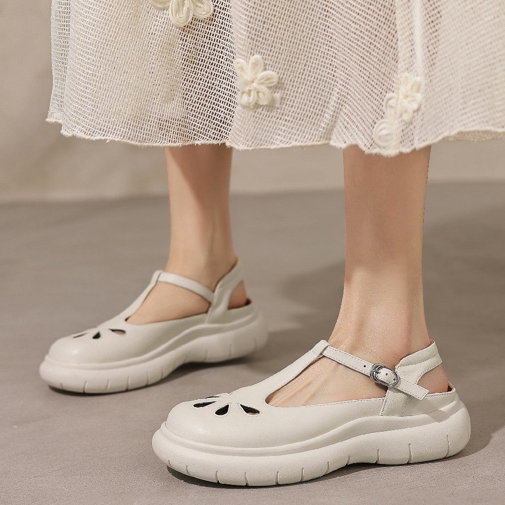 Women's 5 CM Thick Sole Genuine Leather Cut Out Summer Casual Sandals T-Strap Closed-Toe Open-Heel Comfortable Daily Commute Shoes 60417