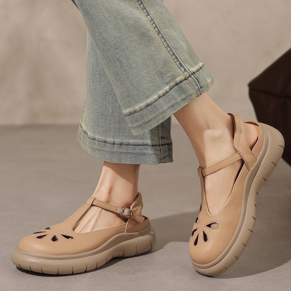 Women's 5 CM Thick Sole Genuine Leather Cut Out Summer Casual Sandals T-Strap Closed-Toe Open-Heel Comfortable Daily Commute Shoes 60417